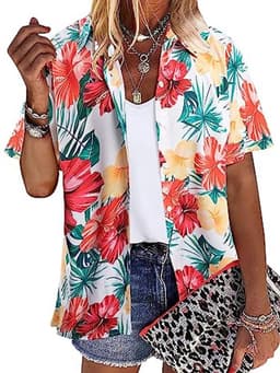 Vrouwen Hawaï-shirt met V-hals en Korte Mouwen - Zacht Trendy T-shirt met Tropische Bloemenprint — thumbnail 4