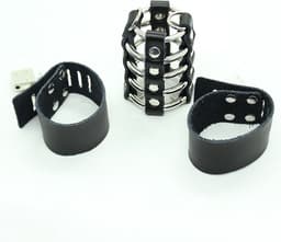 OHMAMA FETISH | Ohmama Fetish Leather Strap Metal Ring Cock Cage With Ball Divider — thumbnail 5