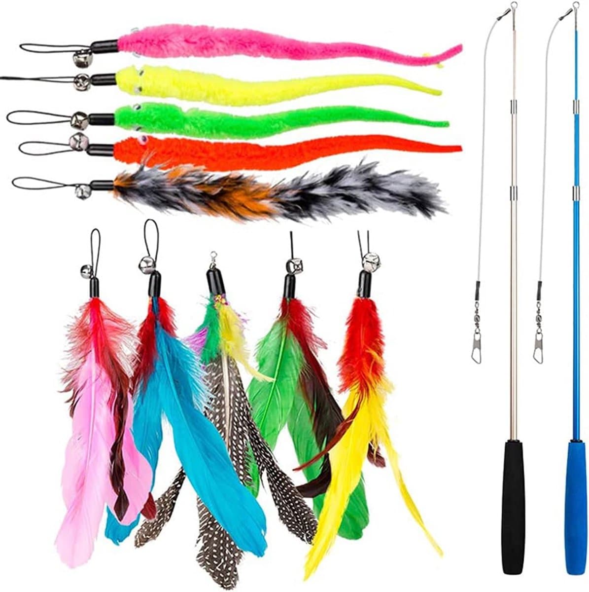 Kattenspeelgoed met veren, teaser met 2 telescopische stangen, 10 reserveveren voor kattenhengel met hanger, veren met belletje, kattenspeelgoedset voor kittens en volwassen katten — afbeelding 1