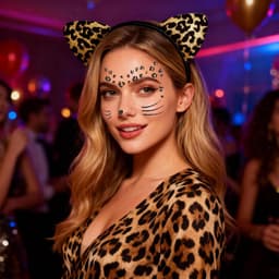 Luipaard kostuum dames, gezichtstattoo luipaard haarband luipaard tattoo gezicht carnaval kunst face sticker carnaval kat tijger carnaval kostuum set katten kostuums voor volwassenen cosplay — thumbnail 5