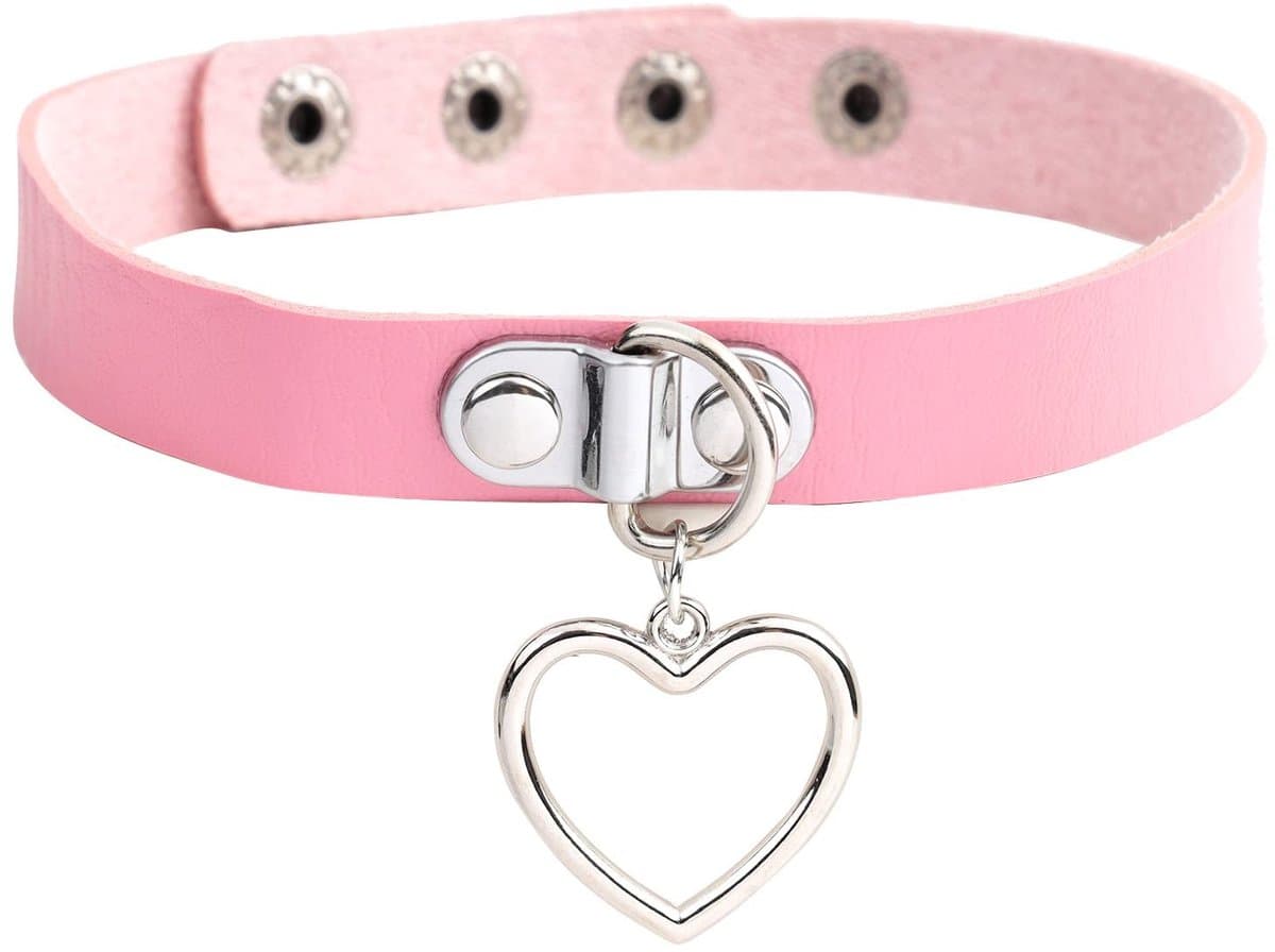 Dailygoods - Dailygoody - Punk Rock Gothic lederen halsband - Dames choker - Verstelbaar - Zwart, roze, lila, rood - Hanger hart - Stijlvolle accessoire voor elke — afbeelding 1