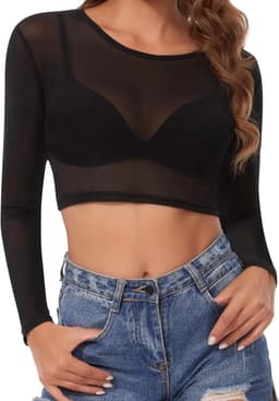 Transparante Sexy Crop Top van Mesh - Lange Tuniek Blouse voor Casual en Clubwear - Zwart T-shirt met Tulle en Ademend Design — thumbnail 1
