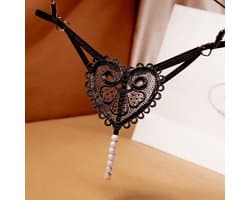 Sexy String met Parels - Kralen - Zwart - Erotisch Design met en Hart op Achterkant - One Size String - Dames Onderbroek - Lingerie / Ondergoed