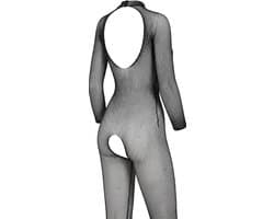 Okado Zwarte Visnet Catsuit One Size, Body Stocking met Glitters, Sensuele Lingerie Outfit, Stretch Pasvorm, Spannend Cadeau voor Valentijn