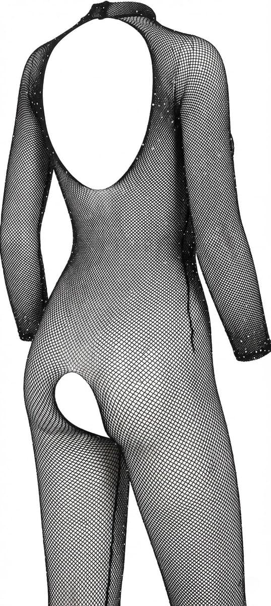 Okado Zwarte Visnet Catsuit One Size, Body Stocking met Glitters, Sensuele Lingerie Outfit, Stretch Pasvorm, Spannend Cadeau voor Valentijn — afbeelding 1