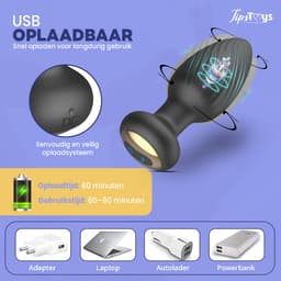 TipsToys® Buttplug Vibrator met Afstandsbediening - 360° Vibrerende Prostaat Stimulator - 7 Standen & Led Kleuren - 3.5⌀ Anale Prostate Massager - Sex Toys Voor Mannen, Vrouwen en Koppels - Waterdicht, Vibrerend & Oplaadbaar - Siliconen - Zwart — thumbnail 5