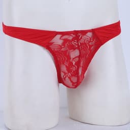 Heren Thong Sissy Lingerie - Elastische Sexy Lace Underwear Jockstrap Bikini G-String Panty Rode Transparante Gay Briefs voor Avondje Uit of Lingerie Nacht — thumbnail 2