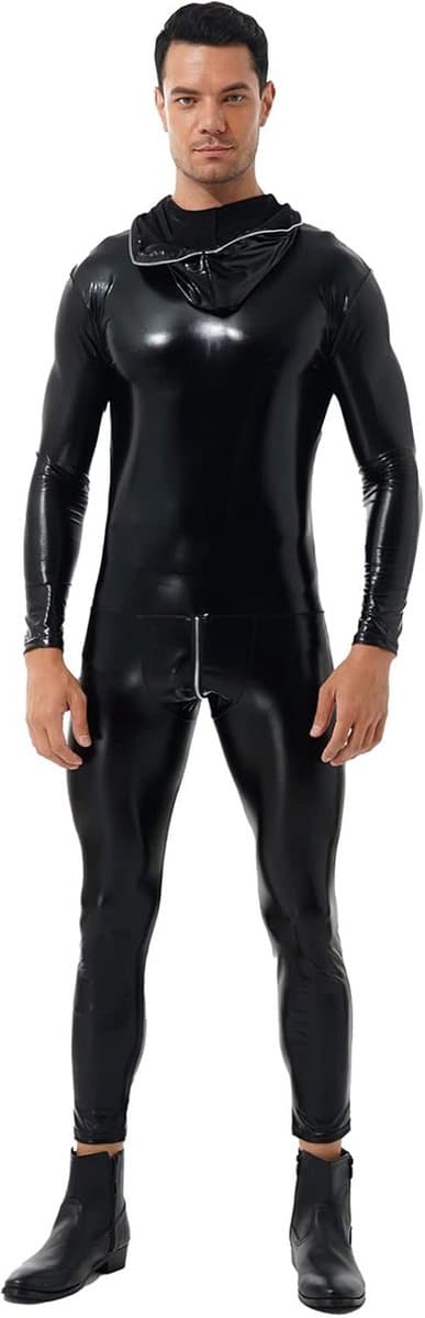Wetlook bodysuit voor heren - metallic jumpsuit met lange mouwen - full-body pak in strakke pasvorm — afbeelding 1