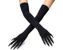 Handschoenen met lange klauwen, set van 2, zwarte nagelhandschoenen met lange mouwen en 4 spinnenstickers, heks, duivel, vampierkostuum, accessoires voor dames en heren, carnaval