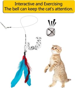 Kattenspeelgoed met veren, teaser met 2 telescopische stangen, 10 reserveveren voor kattenhengel met hanger, veren met belletje, kattenspeelgoedset voor kittens en volwassen katten — thumbnail 2