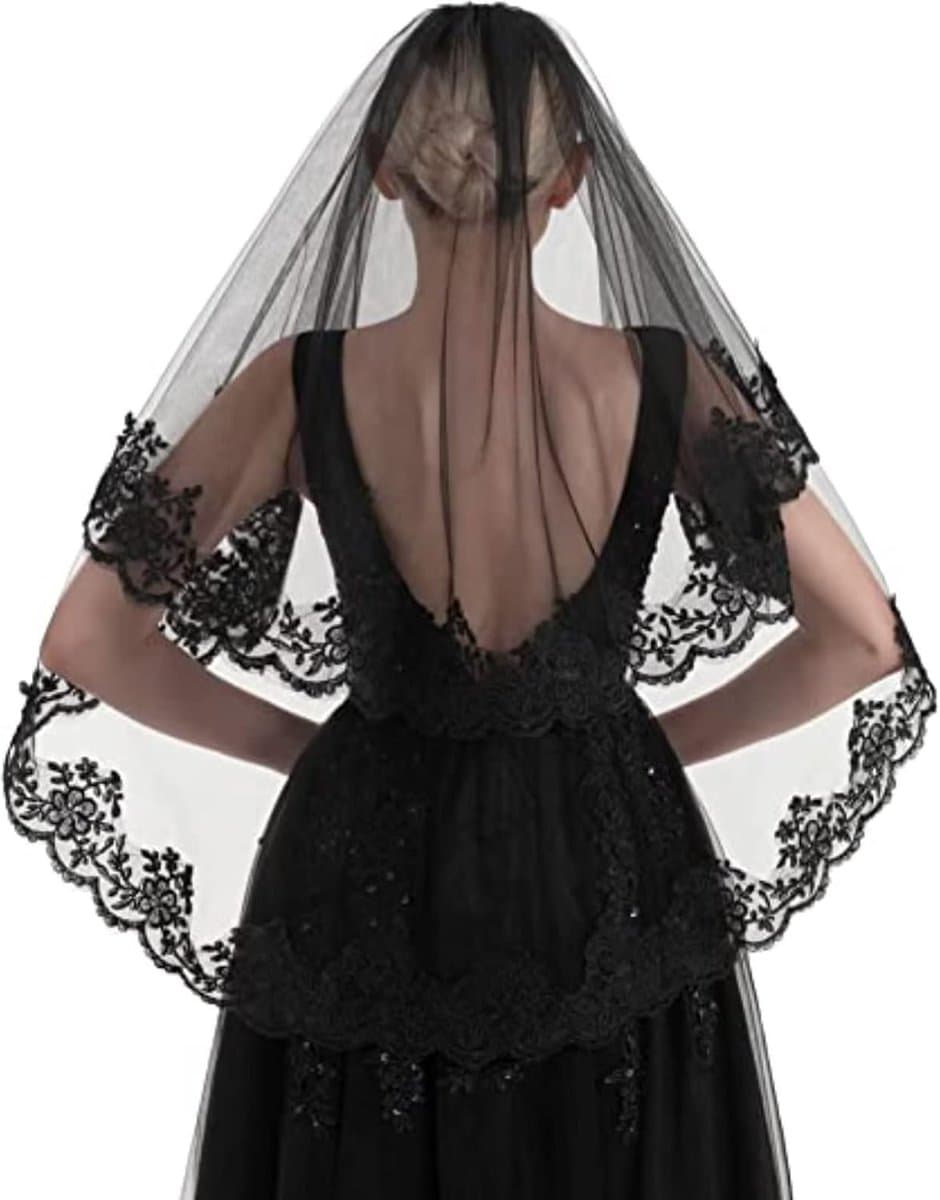 Black Lace Veil Halloween Veil Vintage Grave Veil Halloween Wedding 2 Tier with Comb for Costume Cosplay Day Of The - ShopVlot — afbeelding 1