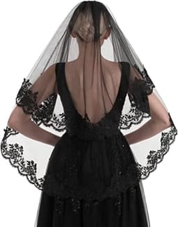 Black Lace Veil Halloween Veil Vintage Grave Veil Halloween Wedding 2 Tier with Comb for Costume Cosplay Day Of The - ShopVlot — thumbnail 1