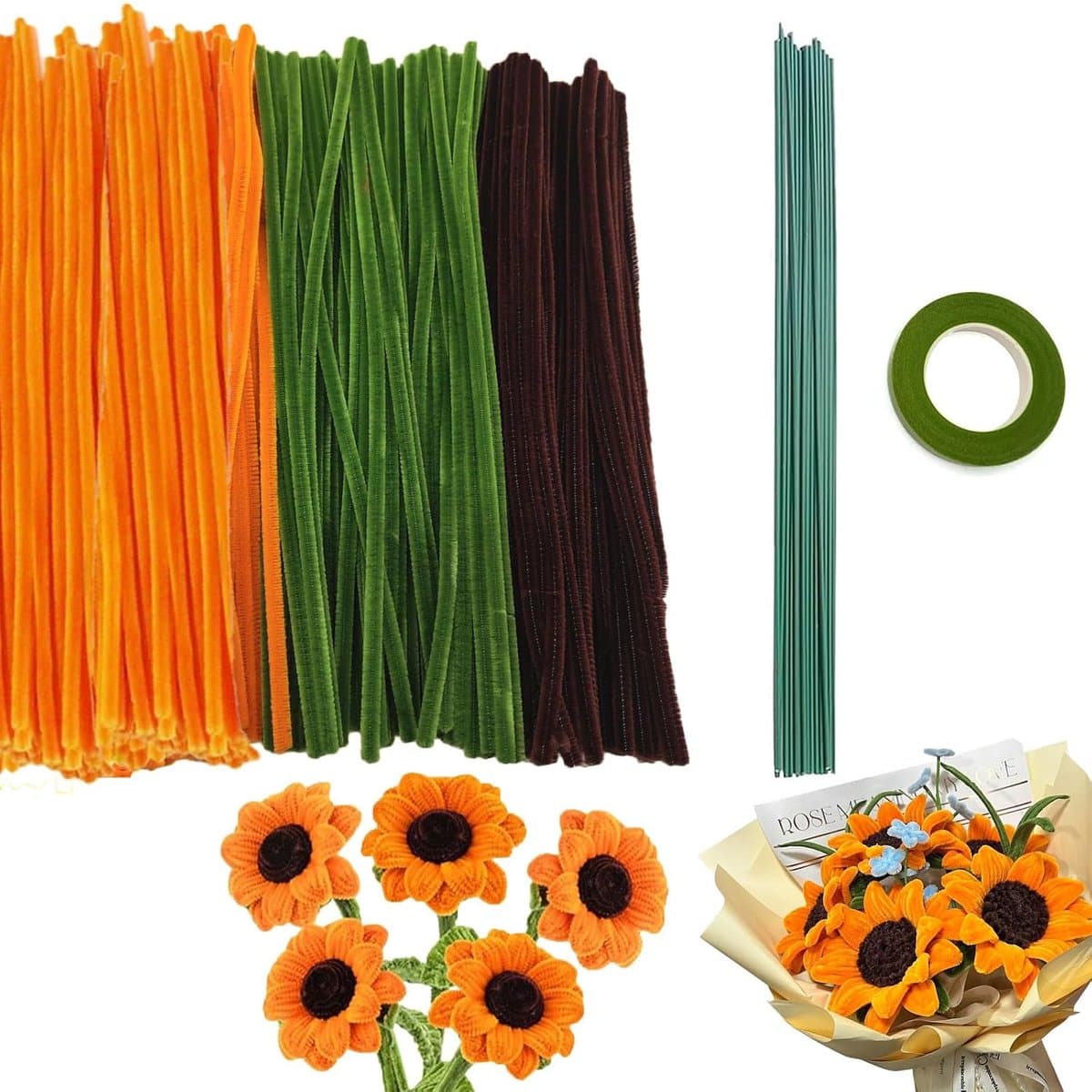 300 Pcs Pipe Cleaner Flower Set Chenille Wire Pipe Cleaner Pipe Cleaner for Crafts with Ribbon and Green Stick for DIY - ShopVlot — afbeelding 1