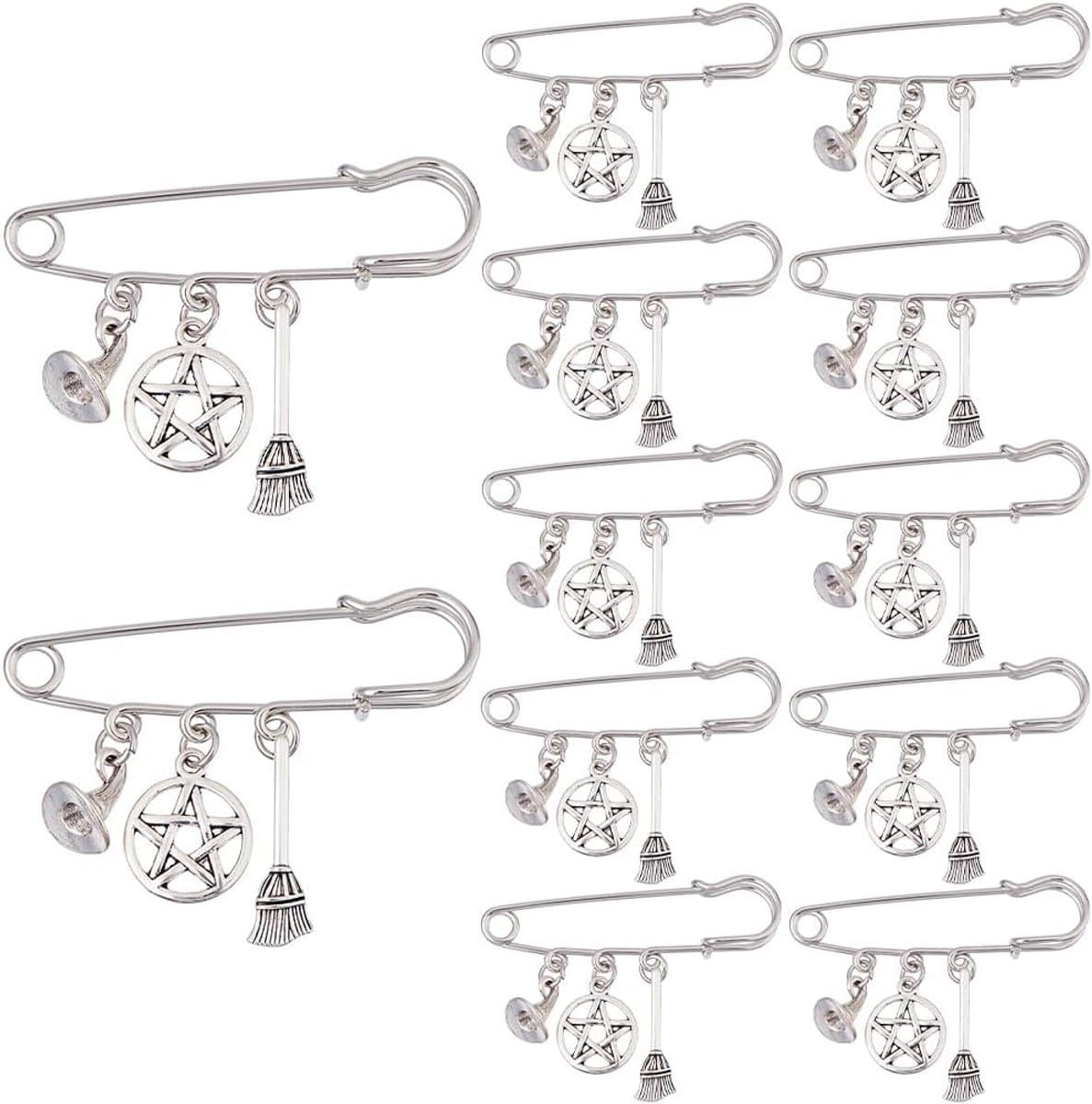 12 stuks broche met heksenhoed en bezem bedelhanger roestvrij staal heks tovenaarshoed ster reversspelden broches met pentagram hanger bedelspeld — afbeelding 1