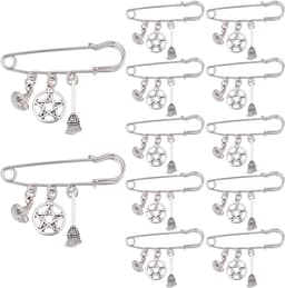 12 stuks broche met heksenhoed en bezem bedelhanger roestvrij staal heks tovenaarshoed ster reversspelden broches met pentagram hanger bedelspeld — thumbnail 1
