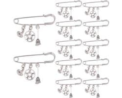 12 stuks broche met heksenhoed en bezem bedelhanger roestvrij staal heks tovenaarshoed ster reversspelden broches met pentagram hanger bedelspeld