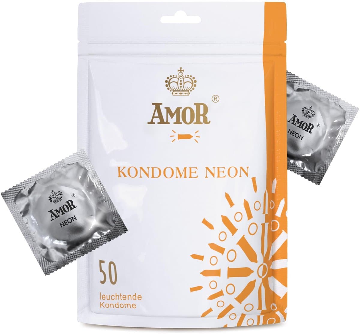 AMOR Premium Neon condooms, Met extra dunne of sterke wanddikte of met noppen lichtgevende condooms, Ø 53 mm, 50 stuks — afbeelding 1