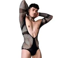 Sexy Heren Visnet Bodysuit - Lingerie met Lange Mouwen voor Mannen - One Size