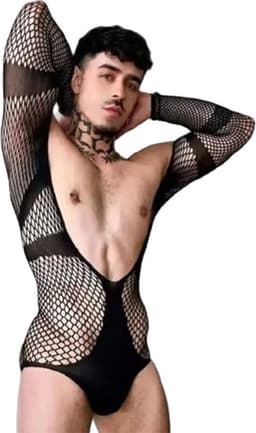 Sexy Heren Visnet Bodysuit - Lingerie met Lange Mouwen voor Mannen - One Size — thumbnail 1