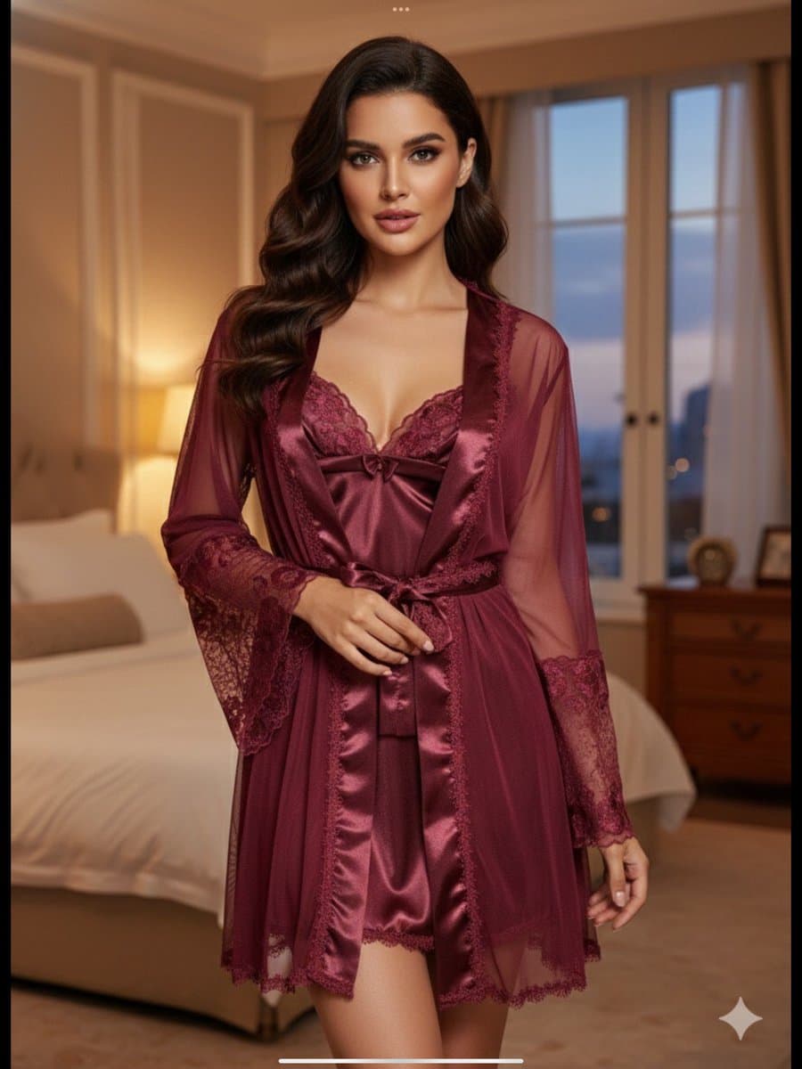 Korte Satijnen Nachtjurk met Tule Kimono – Luxe Dames Lingerie Set - Dark Red — afbeelding 1