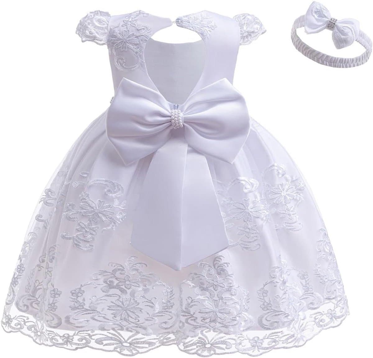 Elegante Doopjurk Meisjes Wit Kant Prinses Jurk met Strik en Hoofddeksel voor Feest en Bruiloft — afbeelding 1