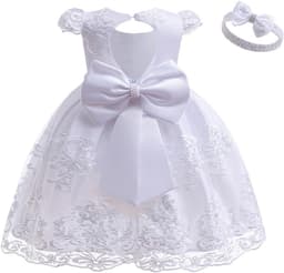 Elegante Doopjurk Meisjes Wit Kant Prinses Jurk met Strik en Hoofddeksel voor Feest en Bruiloft — thumbnail 1
