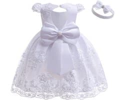 Elegante Doopjurk Meisjes Wit Kant Prinses Jurk met Strik en Hoofddeksel voor Feest en Bruiloft