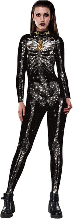 Dames Skelet Kostuum Halloween Stretch Catsuit Jumpsuit Bodysuit — thumbnail 3