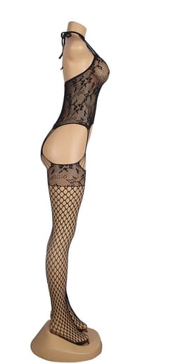Zeloria Bodystocking – Lace Catsuit met Jarretelle Look – Sexy Lingerie met Open Kruis – Zwart – XS-M — thumbnail 5