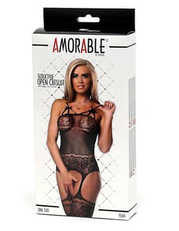 Amorable - Visnet Catsuit Met Schouderbandjes En JarretelKousen - Zwart — thumbnail 5
