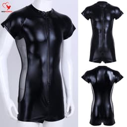 PU Lederen bodysuit man - Erotische mannen kleding - Open kruis functie - Transparante zijkanten - Korte jumpsuit voor hem - Ritssluiting - Goede kwaliteit — thumbnail 2