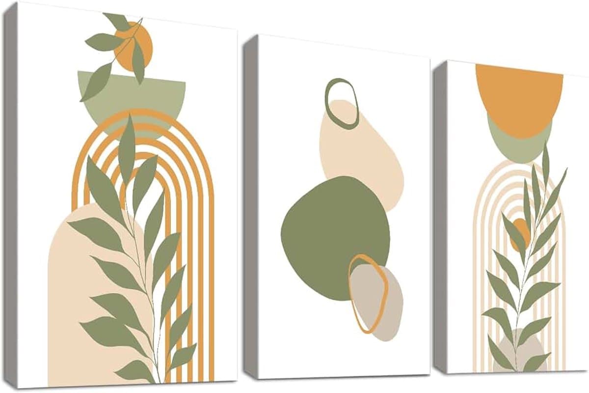 Set van 3 houten ingelijste Boho Halverwege de eeuw canvas muurkunst abstracte oranje groene bladeren schilderij op canvas prints, minimalistische geometrische zon maan foto's voor woonkamer — afbeelding 1