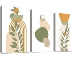 Set van 3 houten ingelijste Boho Halverwege de eeuw canvas muurkunst abstracte oranje groene bladeren schilderij op canvas prints, minimalistische geometrische zon maan foto's voor woonkamer