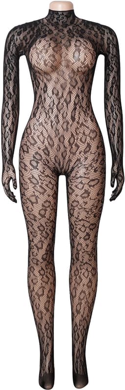 Sexy Lingerie - Erotische Tijger Catsuit - Transparant kant - Blote rug - Netkousen - Bodysuit - Bodystocking - Visnet - Sexy Teddy - Fishnet - Erotiek - Kleur Zwart - PLUS SIZE - Maat XS-XL — thumbnail 5