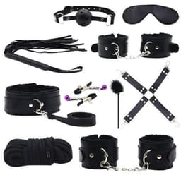 BDSM Set - 10 Delig - Gag Ball & Zweep - Seksspeeltjes - Handboeien - Zwart — thumbnail 1