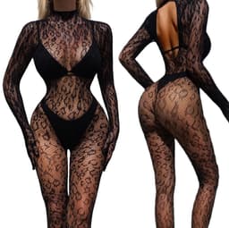 Luipaard Visnet Bodystocking Dames – Lingerie Body met Lange Mouwen – Transparante Catsuit – Zwart – One Size ca. EU XS-M — thumbnail 5