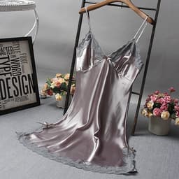 Satijnen Nachtjurkje Dames met Kant – Sexy Lingerie Nachthemd – Chemise met Spaghettibandjes – Grijs – One Size EU XS-M — thumbnail 2