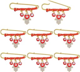 8 Hamsa geluksspeldjes roestvrij staal 5,8 cm rood koord — thumbnail 1