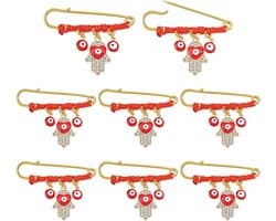 8 Hamsa geluksspeldjes roestvrij staal 5,8 cm rood koord