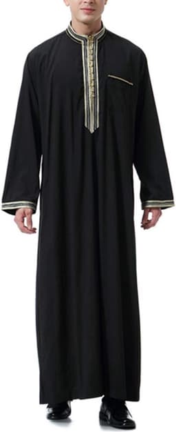 Islamitische gebedskleding voor mannen, moslimjurken voor heren, O-hals, lange mouwen, Dubai-gewaad, islamitisch kostuum (zwart, M) — thumbnail 3