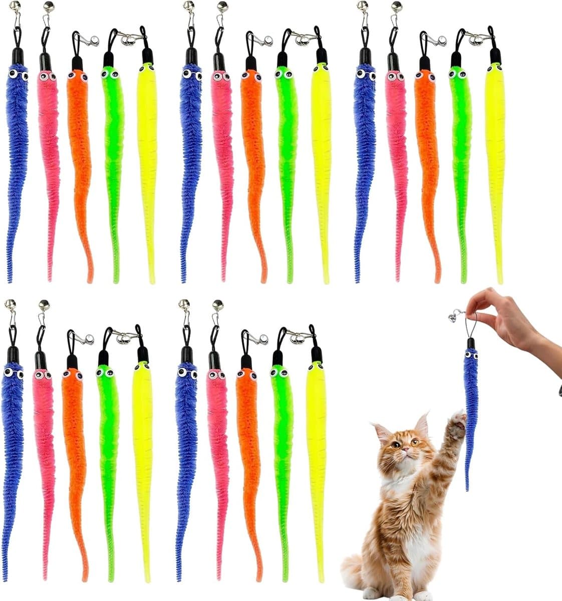 25 stuks vervangend aas voor kattenhengel, interactief kattenspeelgoed voor zelfbezigheid, kleurrijke worm-hangerset voor wandspeelgoed, 5 kleuren zeepaardjeswormen voor kittens jachtinstinct training — afbeelding 1