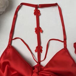 Rode transparante mesh lingerie set voor vrouwen - Halter minijurk met satijnen strik, bijpassende string slip + mesh handschoenen - voor Valentijnsdag, huwelijksnacht, verjaardag en jubileum, sexy nachtjapon — thumbnail 4