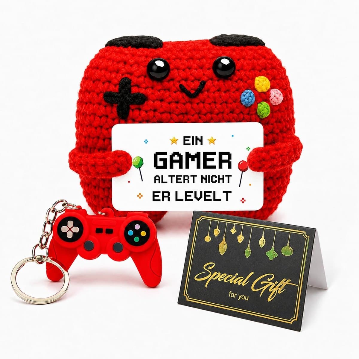 Gehaakte controller set - Gamer cadeau - Cadeau geven - 3-delige set - 7.5 x 7.5 cm - Rood — afbeelding 1