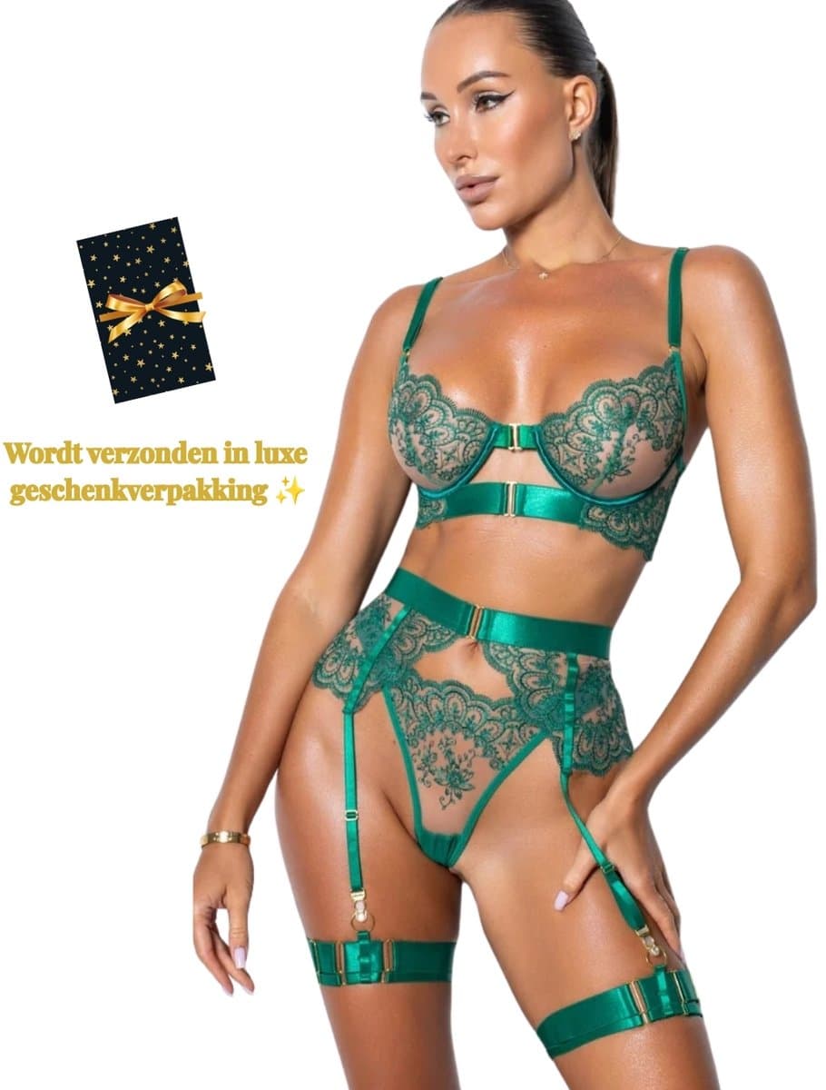 Luxe Lingerieset Dames – Lingerie Erotisch – Sexy Lingerie – 4-delige set – Smaragd Groen Kant – Lingerie Setje – Verleidelijke BH met Jarretels & Hoge Taille String –Sexy Lingerie –Chique – Luxe –Boudoir Look – Kinky – Erotisch – Maat XS/S, M, L, XL — afbeelding 1
