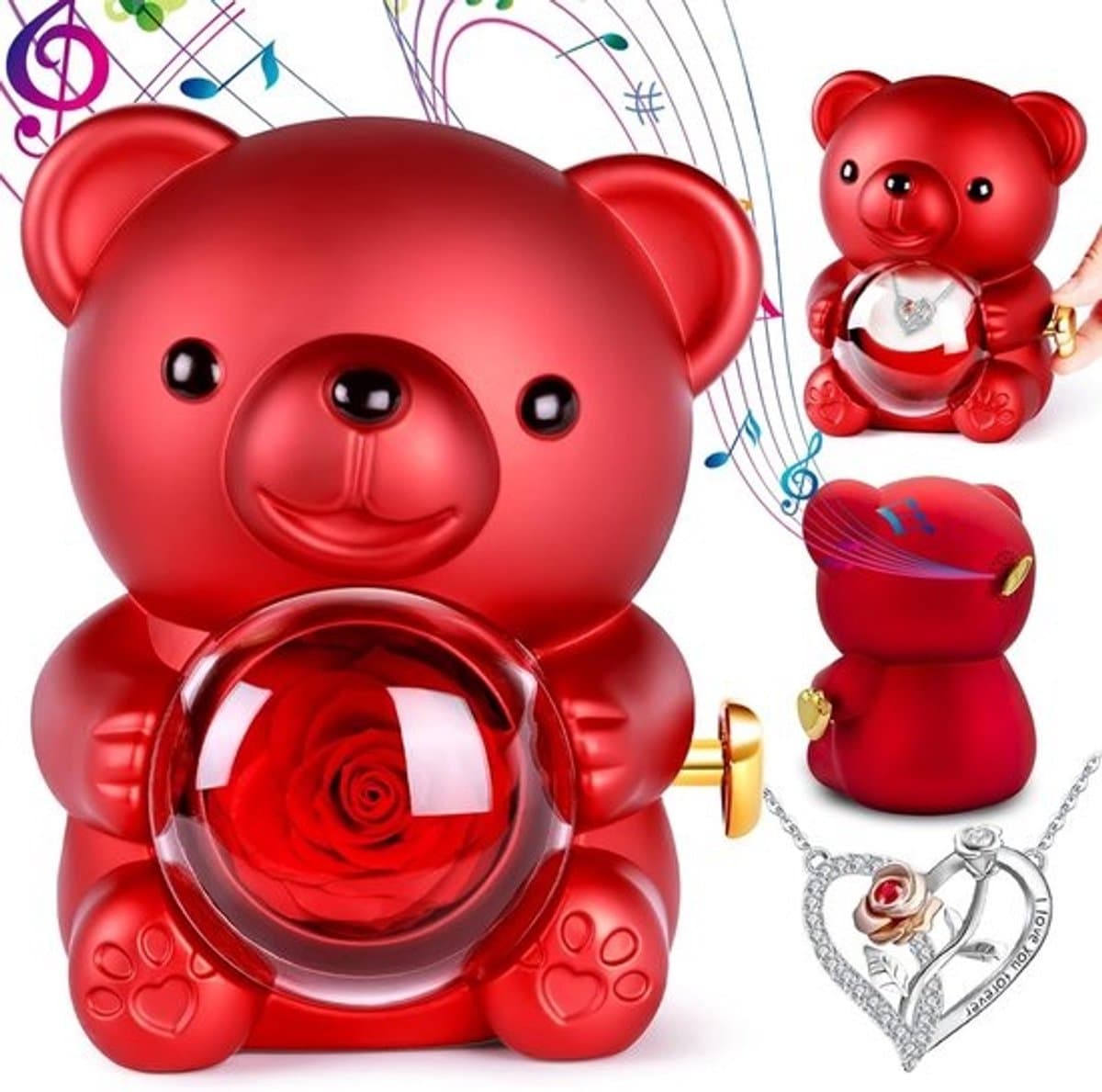 Rozenbeer met Ketting - Bloemenbeer Cadeau - Romantisch Verrassen - Met Muziekdoos - 12 x 11 x 16 cm - Rood — afbeelding 1