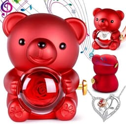 Rozenbeer met Ketting - Bloemenbeer Cadeau - Romantisch Verrassen - Met Muziekdoos - 12 x 11 x 16 cm - Rood — thumbnail 1