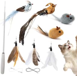 Kattenhengelspeelgoedset, uittrekbare kattenstaaf met 7 reservekoppen (2 vogels, 2 muizen, 3 veren), kattenspeelgoed veer, interactief kattenspeelgoed voor katten en kittens — thumbnail 1