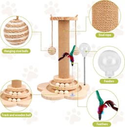 kattenspeelgoed van hout, 2-laags draaiplateau, interactief kattenspeelgoed, 3-in-1 houten kogel-kattencarrousel met 40 cm hoge krabzuil, rammelballen en veer voor katten en kittens — thumbnail 5