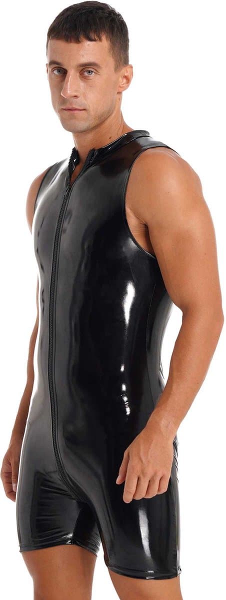 Heren Latex Wetlook jumpsuit deluxe - Mouwloos - Sexy bodysuit heren - PU lederen look - Bodycon - Club kleding - BDSM - SM — afbeelding 1