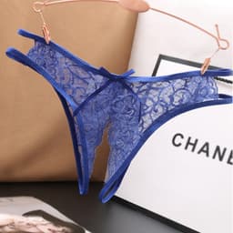 Sexy String met Open Kruis - Blauw - Ontwerp met Kant - Erotisch Design met Strik - One Size String - Dames Onderbroek - Lingerie / Ondergoed — thumbnail 1